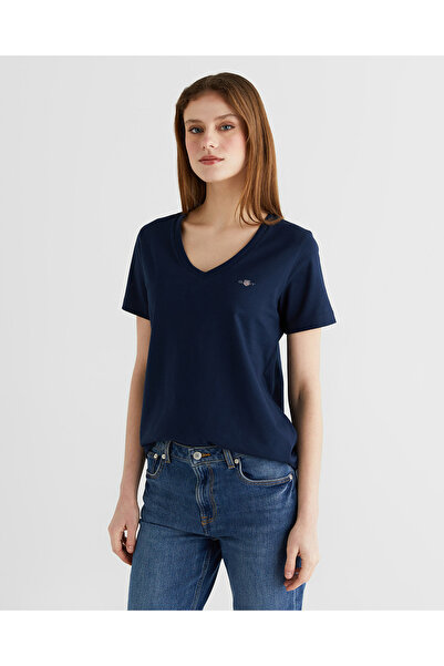 Gant Kadın Mavi V Yaka Regular Fit T-Shirt