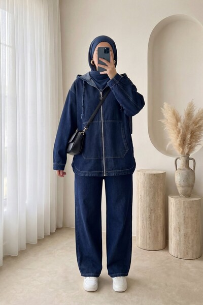 HİJABAYA Σετ τζιν με κουκούλα, τσέπη καγκουρό και παντελόνι οβάλ κοπής