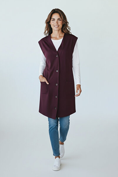 SENFONİ Γυναικείο γιλέκο βιζόν μεγάλου μεγέθους με μακριά κουμπιά