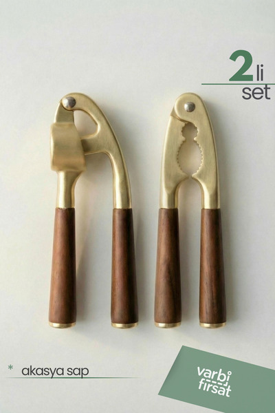 Varbifırsat مجموعة من 2 أدوات لهرس الثوم الذهبي وكسر الجوز بمقبض من خشب الأكاسيا