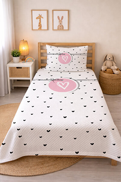 Evmila Kalp Desenli Bebek Ve Çocuk Baskılı Tek Kişilik Pike Takımı 160x230 Beyaz