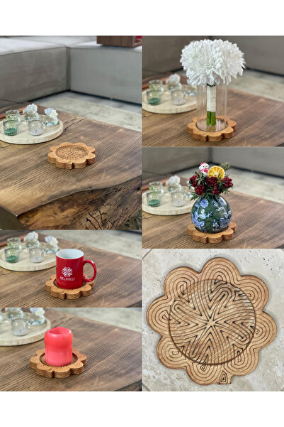 izg Natural Wood Clover Patterned Candle Holder - Vase Base - Coaster