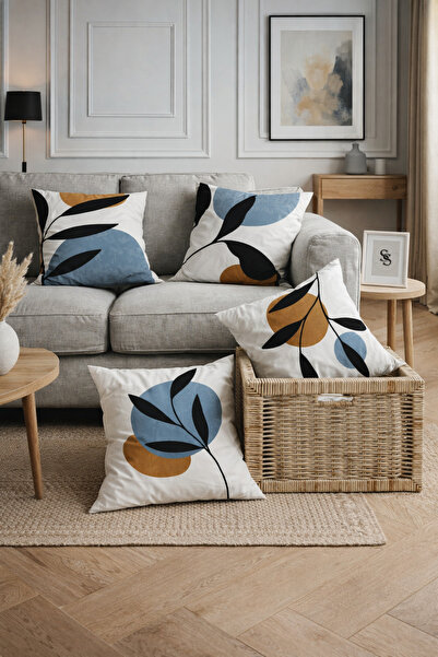 SasoHome Modern Mavi Siyah Yaprak Tasarımlı Tablo Desen 4lü Dijital Baskılı K...