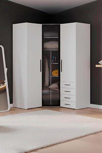 benim odam Diva 3 Kapaklı Beyaz Dolap 11 Raflı Çekmeceli Cam Kapaklı Köşe Gen...