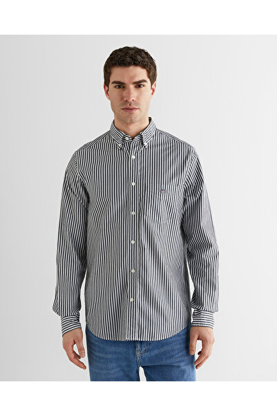 Gant Erkek Siyah Regular Fit Düğmeli Yaka Çizgili Poplin Gömlek