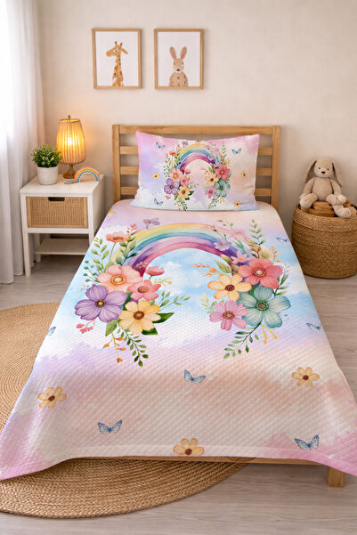 Evmila Çiçekli Gökkuşağı Desenli Tek Kişilik Pike Takımı 160x230 Cm