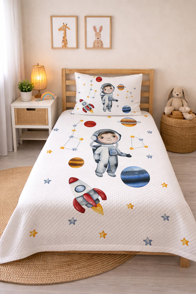 Evmila Astronot Desenli Bebek Ve Çocuk Baskılı Tek Kişilik Pike Takımı 160x23...