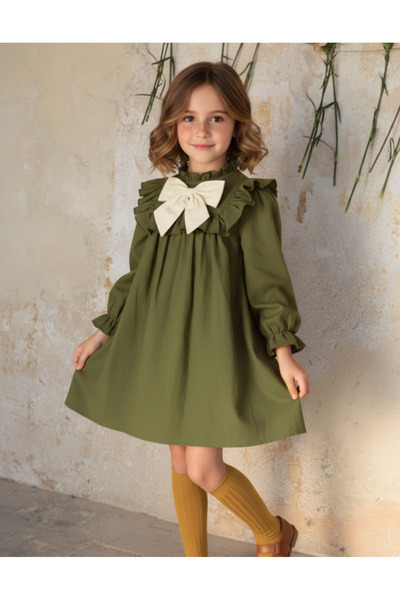 melek golden Kız Çocuk Fiyonklu taçlı Uzun Kollu Şık Elbise Zarif Tasarım – G...