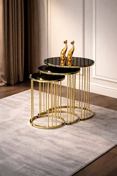 çelsan Piyano Borulu 3’lü Zigon Sehpa Seti – Siyah Camlı Gold / Gümüş Metal A...