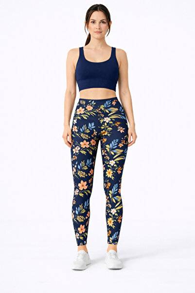 RAMİOR COLLECTION Kadın Lacivert Çiçek Desenli Yüksek Bel Günlük Spor Tayt