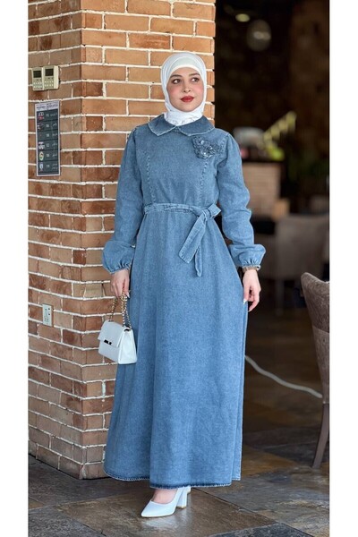 Esre Store 4484 Model Blue Hijab Rochie cu centura