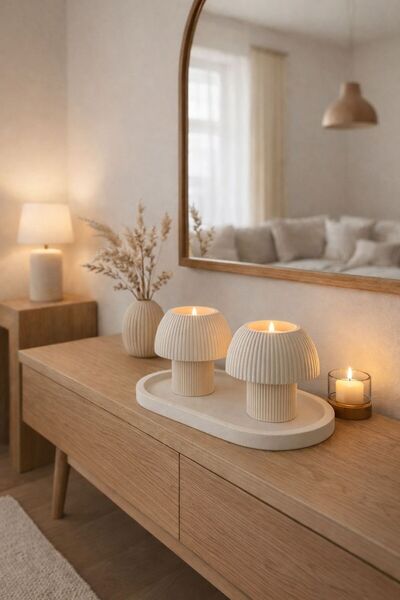 BUBUHOMEDECOR Tabaklı Mantar Dekoratif Mumluk Seti 2'li