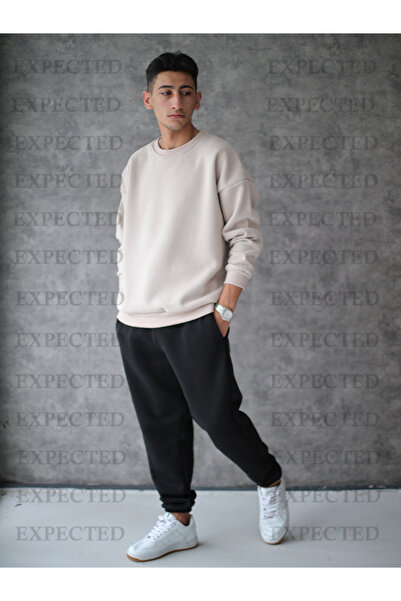 EXPECTED Ανδρικό Σετ Φόρμας Μπεζ Μαύρο με 3 Κλωστές Ραμμένες