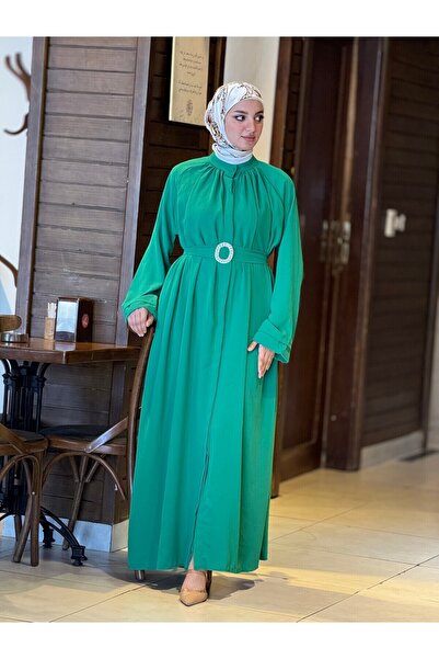 Esre Store Πράσινο Φόρεμα Τεσεττούρ - 4465 με Ζώνη