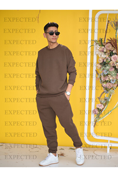 EXPECTED Ανδρικό σετ φόρμας σε καφέ χρώμα, από βαμβάκι με 3 κλωστές, σε στυλ ...