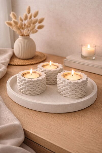 BUBUHOMEDECOR Kozalak Dokulu 3'lü Mumluk Tabaklı Set