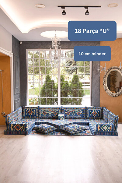 BAKIRÖZÜ HOME Otantik Şark Köşesi Takımı Mavi Anadolu 18 Parça (Kilim ve Puf ...