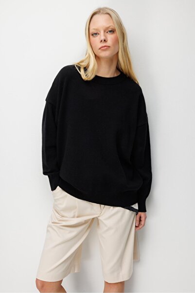 Mixray 7021 Kadın Bisiklet Yaka Oversize Basic Premium Triko Kazak Siyah