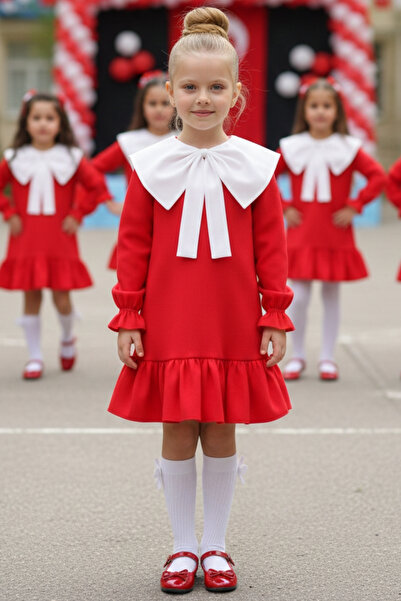 Parla Kids Детска рокля с дълъг ръкав от лен, с червена яка и набори, 23 апри...