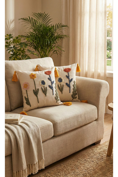 BUGİ HOME COLLECTİON غطاء وسادة مطرز على شكل زهرة مطرزة مربعة الشكل