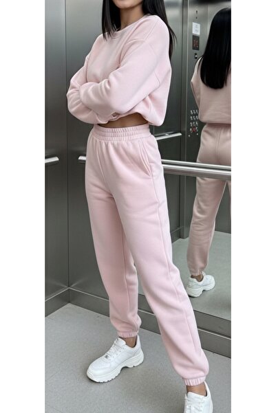 Güven Collection pembe crop sweatshirt eşofman takımı