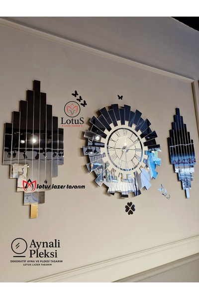 LotusLazer Tasarım Ekstra Büyük Duvar Saati 3’lü Aynalı Pleksi Set – 70 cm Sa...