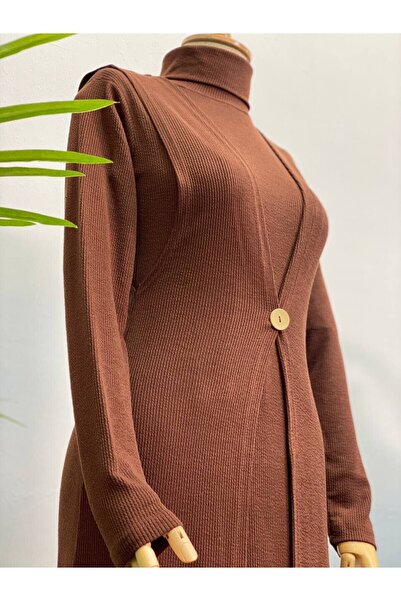 Esre Store 4440 - Rochie tip vestă, costum dublu cu hijab, maro