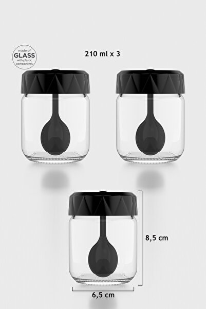 Renga Lexa 210 ml Set of 3 Glass Spice Jars with Spoon 161019 Black