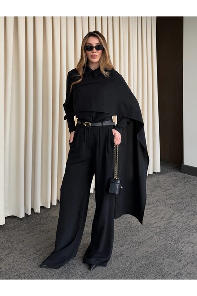 Laluvia Black Belted Shawl Collar Shirt and Trousers Set - 8004