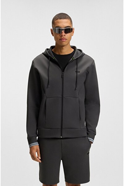 BOSS Şerit Detaylı Pamuk Karışımlı Fermuarlı Kapüşonlu Üst