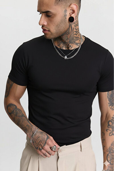 Buteks تي شيرت أسود من القطن عالي الجودة بقصة ضيقة ومصنوع من القطن الممشط وال...