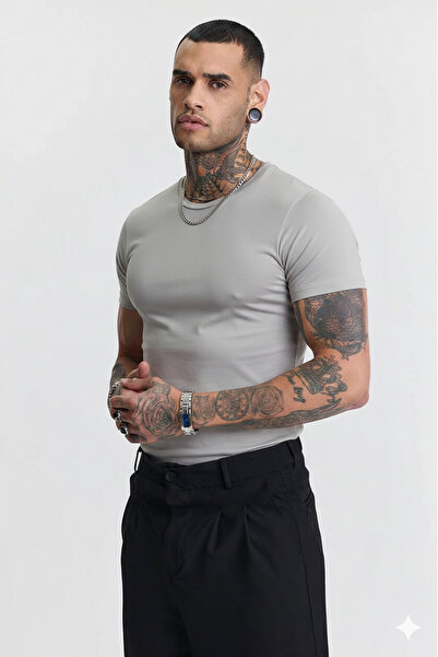 Buteks Tricou Nardo Gri din bumbac de calitate, slim fit, din bumbac pieptăna...