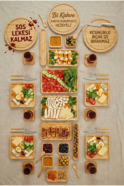 EMBazaar Bambu 32 Parça 6 Kişilik Amazon Serisi,Kahvaltı Seti,Kahvaltı Takımı,Sunum Servis Set,Hediyelik Bambu Set,İkramlık
