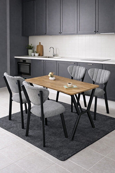 Lumodi Mobilya Masa Sandalye Takımı, 4 Sandalye 1 Sabit Ceviz Masa 110x70 Cm,...