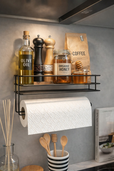 BEYZANA حامل مناديل ورقية قوي مع رف لاصق، حامل مناديل أسود، رف منظم للحمام وا...