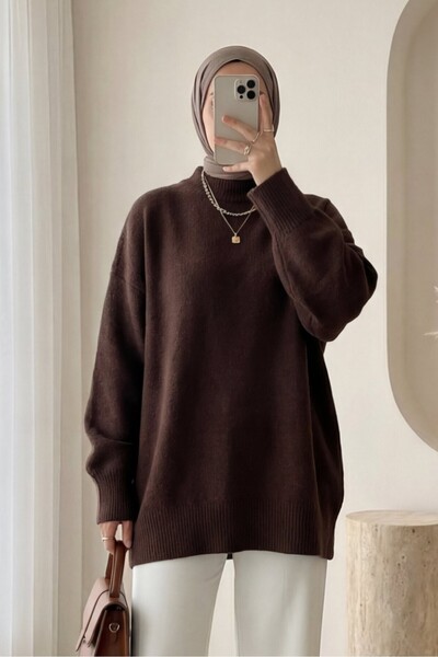 Modamorfo Half-Throated Soft Casual Knit Sweater - Brown