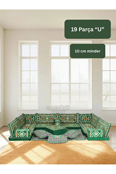 BAKIRÖZÜ HOME Otantik Şark Köşesi Takımı Yeşil Anadolu 19 Parça (Kilim ve Puf...