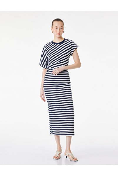 Koton Kısa Kollu Bisiklet Yaka Drape Detaylı Çizgili Midi Elbise