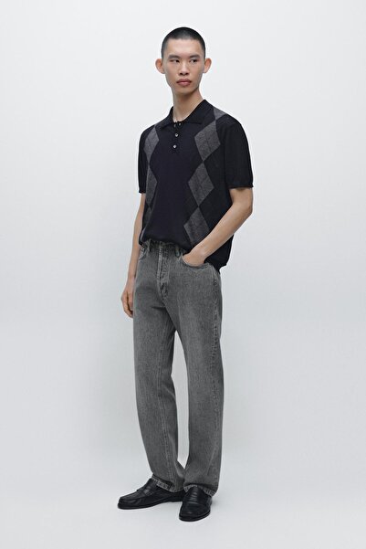 Massimo Dutti Merino wool blend diamond knit polo jumper