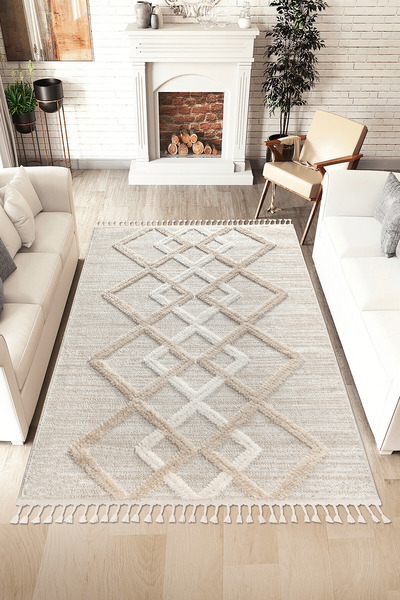 SANRUGS Home & Living Bukleli Yumuşak Peluş Post Krem Beyaz Oturma Odası Salo...