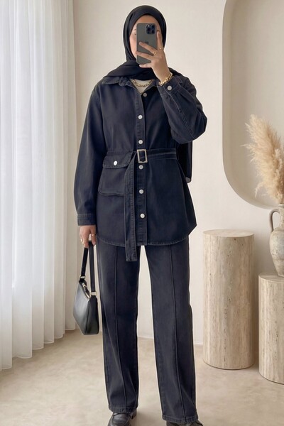 Modamorfo Denim Suit with Bag Pockets and Green Trousers - Black