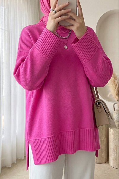 Modamorfo Ribbed Round Neck Slit Knitwear Tunic with Ribbed Hem and Sleeve Cu...
