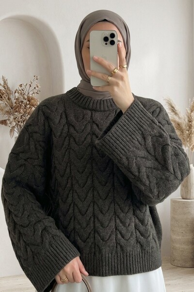 Modamorfo Knitted Patterned Casual Crop Knitwear Sweater -K. Brown
