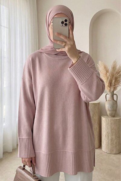 Modamorfo Etek Ucu Ve Kol Manşeti Fitilli Yuvarlak Yaka Yırtmaçlı Triko Tunik...