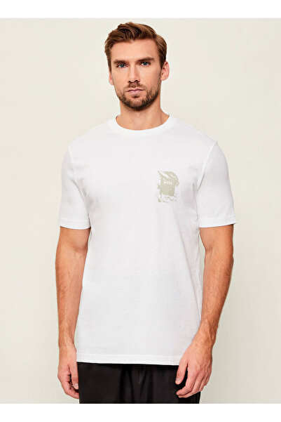 BOSS Bisiklet Yaka Desenli Beyaz Erkek T-Shirt Te_structure