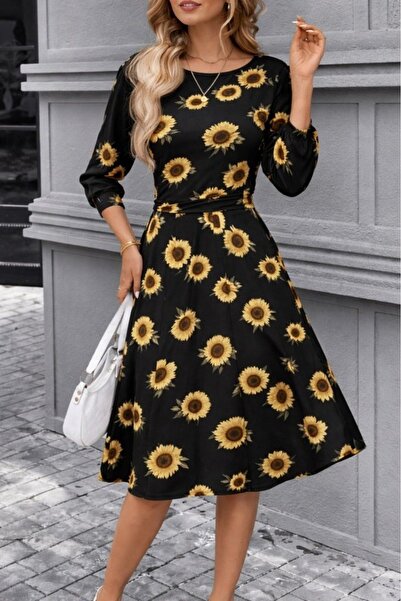 oniks store فستان نسائي متوسط الطول بأكمام قصيرة ورقبة دائرية