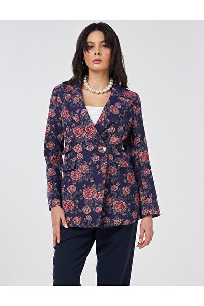 Kayra Floral Patterned Blazer Jacket Navy Blue