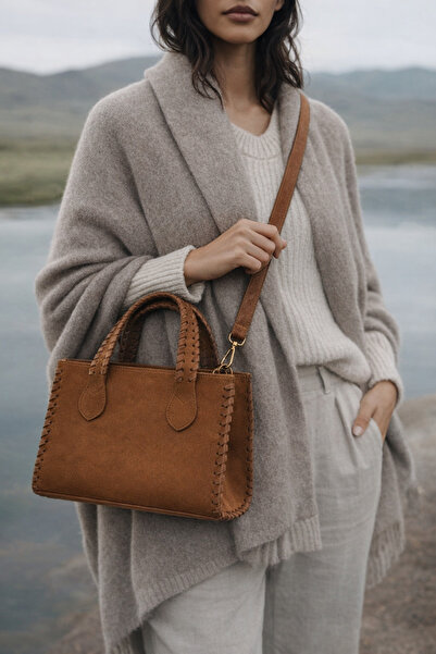 Assia Atelier Taba Süet Örgü Detaylı Şık Kadın El ve Omuz Çantası