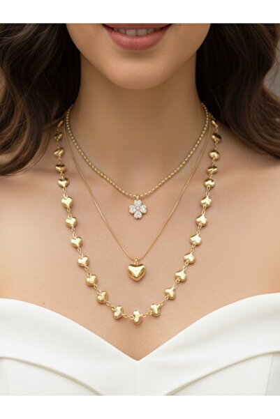 KANERUZ Gold Color Heart Detailed Multi Steel Necklace