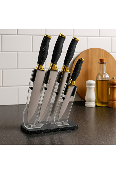 Generic Luxury Kitchen Knife Set with Black Decorative Handles and Golden Tou...